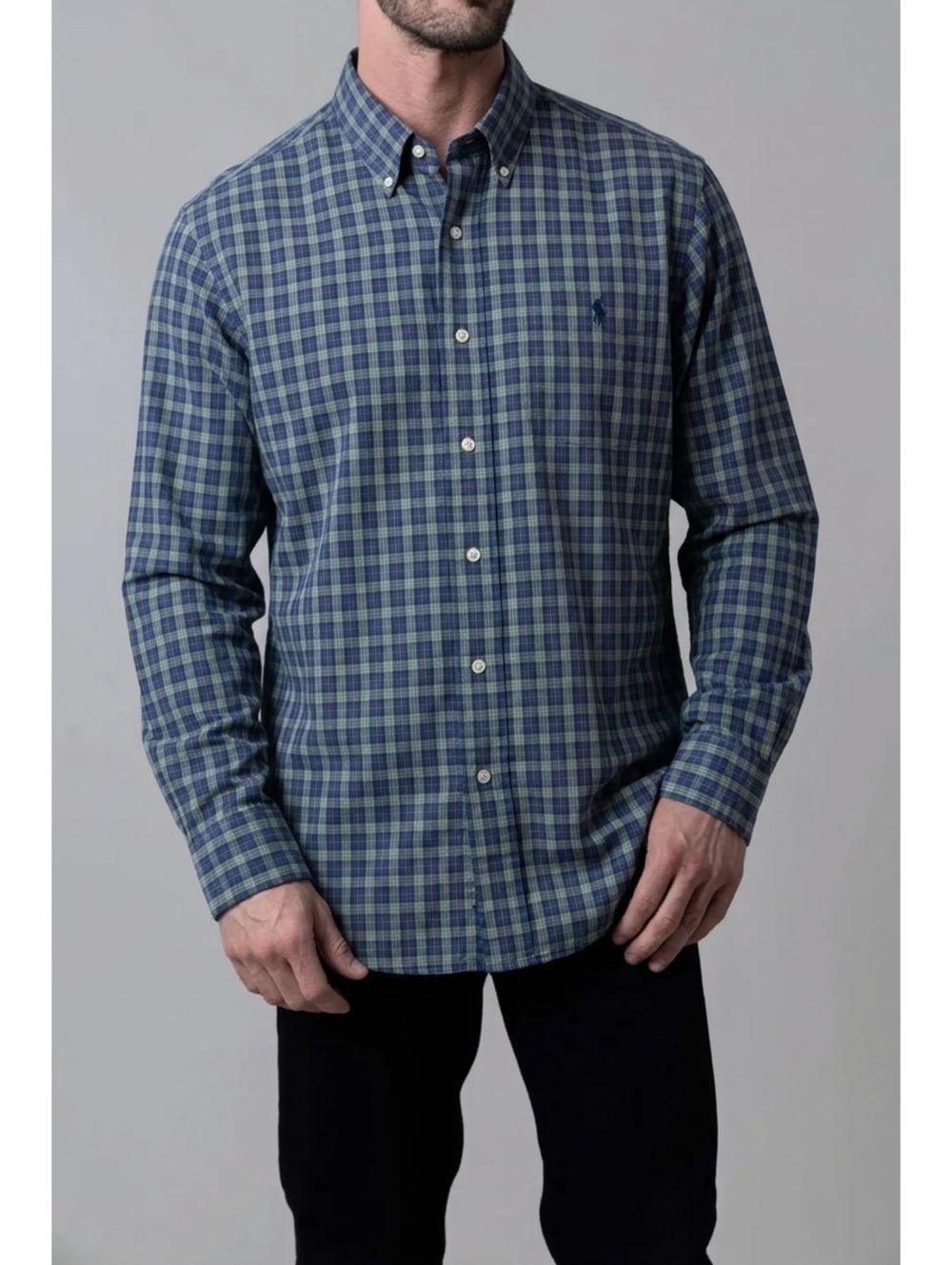 Polo Ralph Lauren Men Green Blue Green Plaid Classic Fit Button Down L EUC
